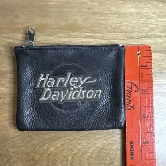 Harley Davidson Genuine Leather Black Small Coin Pouch Zip Embroidered Biker - Picture 8 of 8